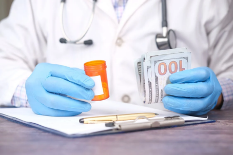 A doctor holding 100 US dollar banknotes with an orange medicine container in the other