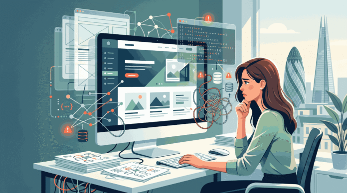An illustration of a young woman working at a computer in a modern office, deep in thought as she manages complex technical issues. Her monitor displays a website structure, overlapping code, and several red warning symbols. Floating visual elements like network lines and server icons add to the sense of a complicated system. On the desk are papers with diagrams, and behind her is a window with a London skyline featuring the Shard and Gherkin.